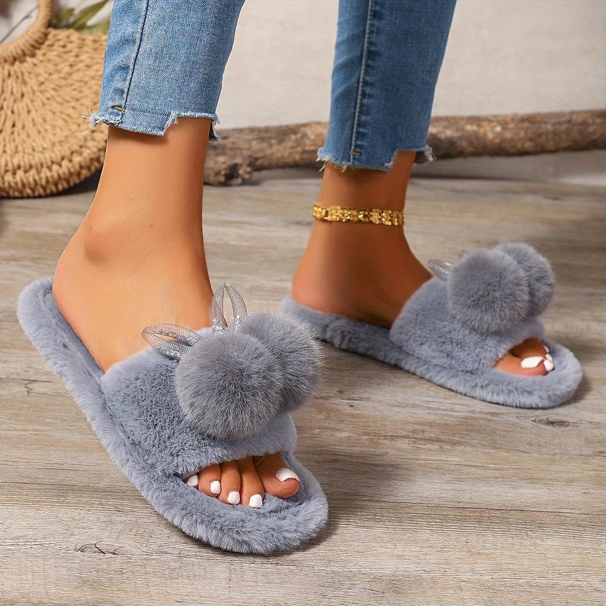 Fur Slippers with Crystal Bow - ET