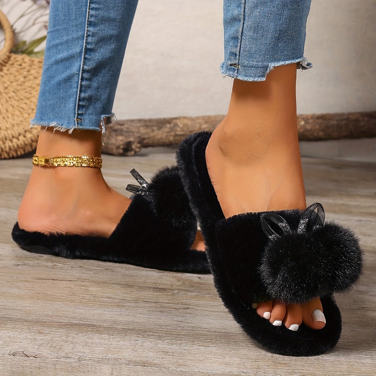 Fur Slippers with Crystal Bow - ET