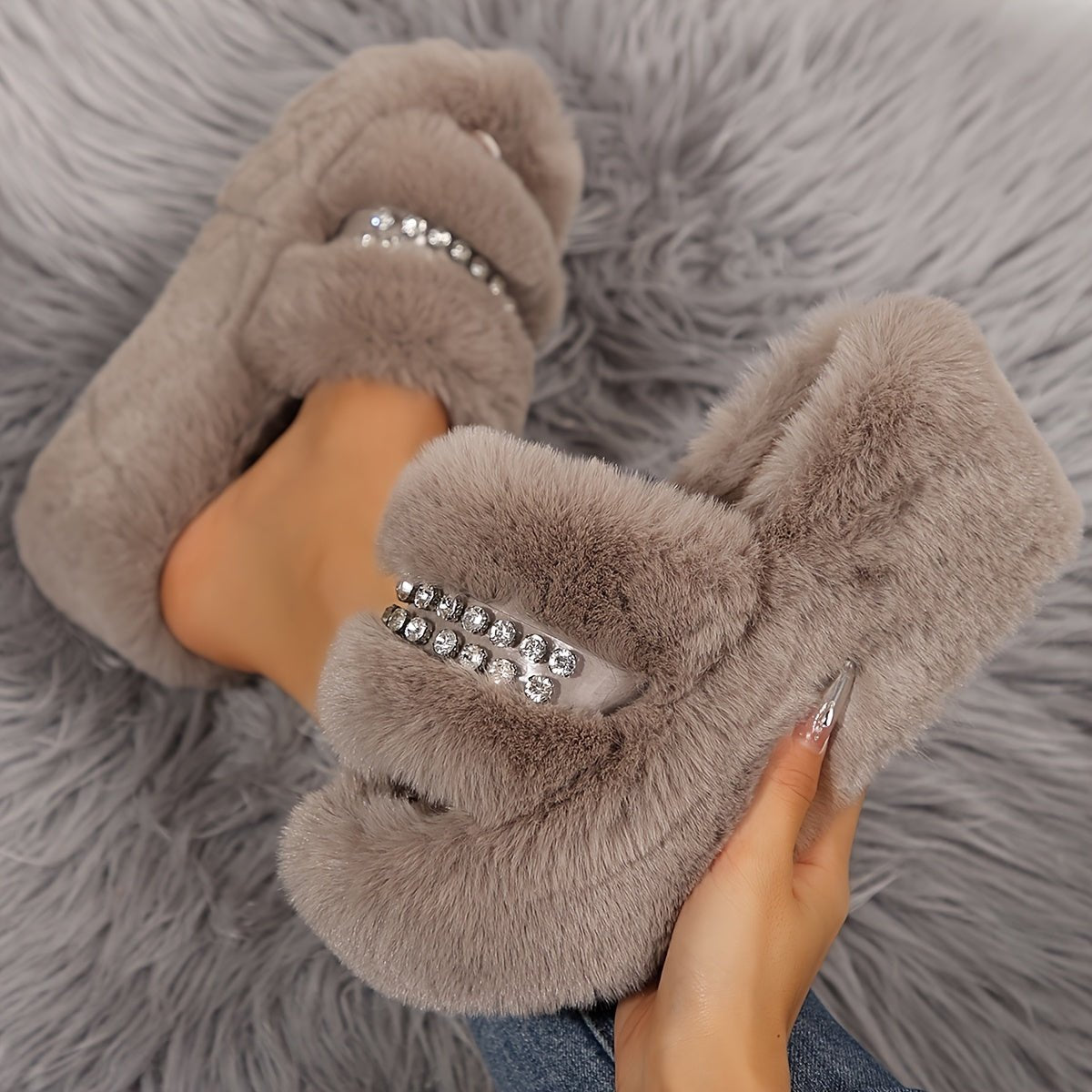 Sparkling Rhinestone Fur Slippers - ET