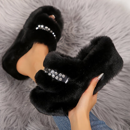 Sparkling Rhinestone Fur Slippers - ET
