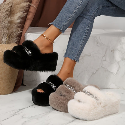 Sparkling Rhinestone Fur Slippers - ET